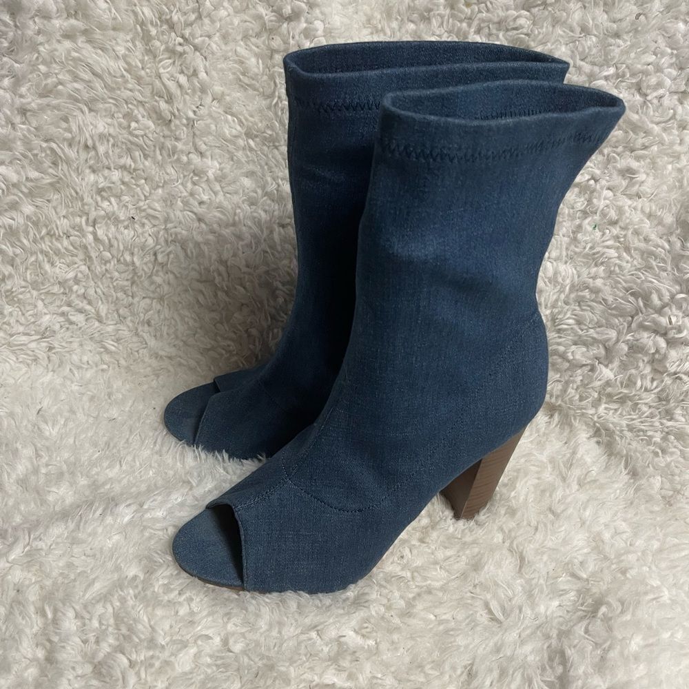 Melly Sexy Blue Stretch Denim High Heel Ankle Mid Calf Boots peep toe Size 10